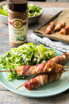 Spicy Bacon Coconut Chicken Skewers with coconut sugar
