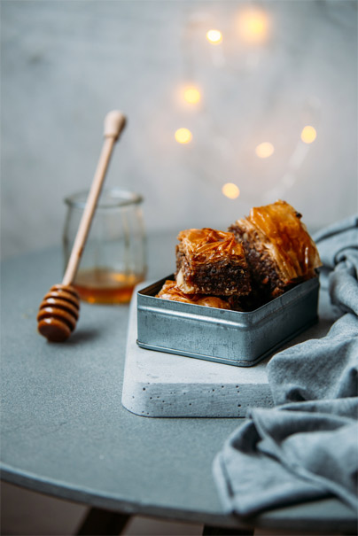 Baklava on table